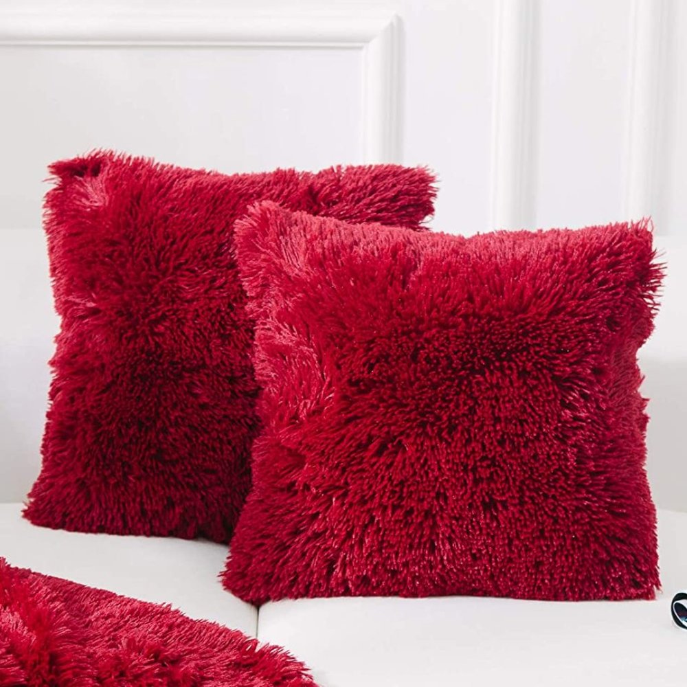 Red Luxury Furry Farmhouse Adorable Trendy Pompom Throw Pillow Decor Cover Set